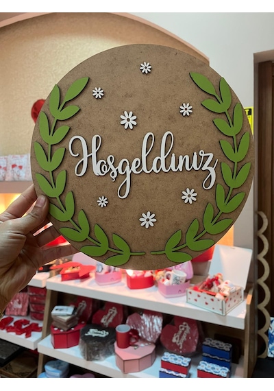 Kişiye Özel Ahşap Hoşgeldiniz Kapı Süsü Lazer Kesim Dekoratif Duvar Süsü Yeşil