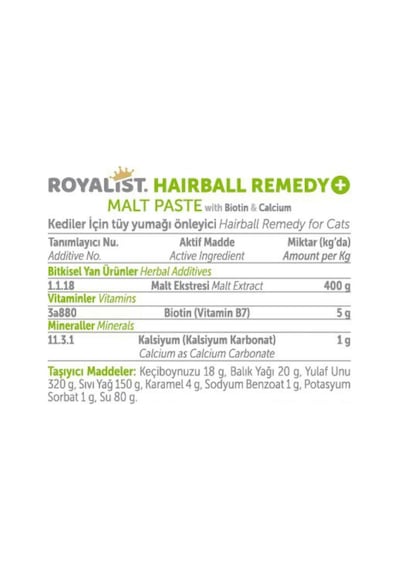 Hairball Remedy+malt Paste Kediler İçin Tüy Yumağı Önleyici Macun Biotin & Kalsiyum İçerik 100gr