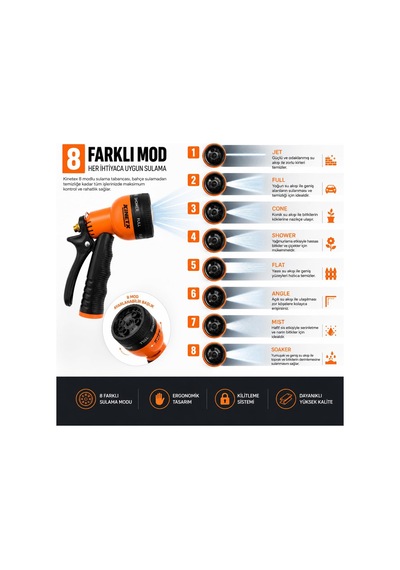 Kınetex 8 Modlu Bahçe Sulama Tabancası Seti, Ayarlanabilir Çok Fonksiyonlu Hortum Başlığı, Ergonomik Tetikli Su Püskürtme Tabancası, Bahçe, Araç Yıkama Ve Dış Mekan Temizliği İçin
