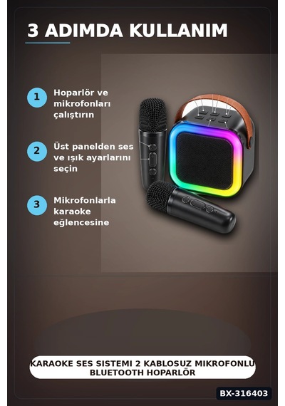 Karaoke Ses Sistemi 2 Kablosuz Mikrofonlu Bluetooth Hoparlör Led Işıklı Bx-316403