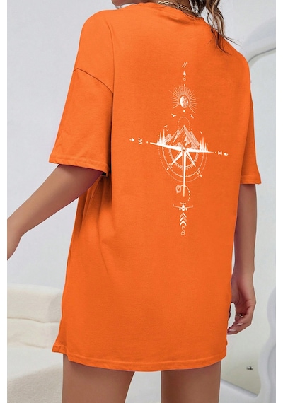 Unisex Yön Gösteren Baskılı Tasarım Tshirt Turuncu