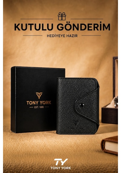 Tony York Orijinal Özel Kutulu 10 Bölmeli Yeni Nesil Süper Slim Yumuşak Deri Çıt Çıtlı Çok Gözlü Kredi Kartlık siyah