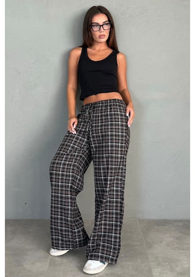 Madmext Siyah Lastikli Bel Geniş Paça Ekose Pantolon Mg2658