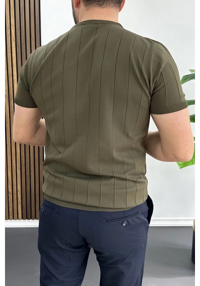Erkek Bisiklet Yaka Çizgili Tişört Haki Edw456 Haki