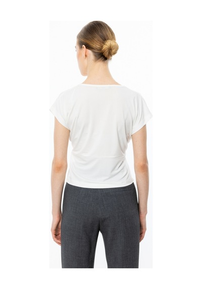 On Minimalist V Yaka Crop Bluz - Kısa Kol - Günlük Ekru
