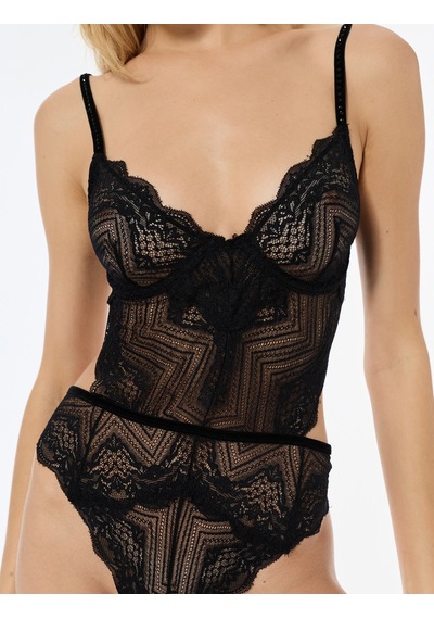 Koton V Yaka Askılı Dantelli Bodysuit Siyah 6wlk00005mk Siyah