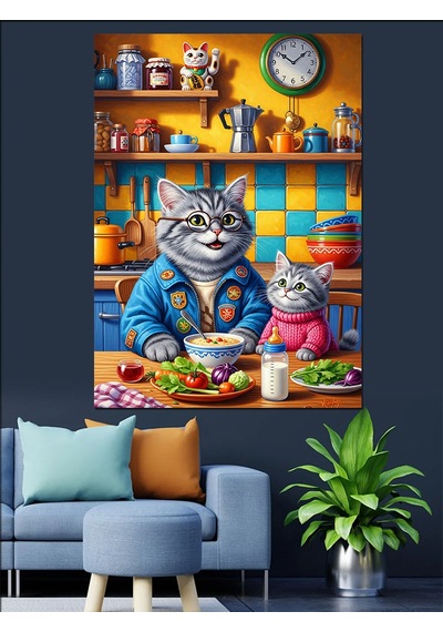 Ahşap Tablo Kedi Aşçı Yemek Yapıyor
