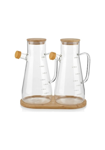 Bambu Standlı 2'li Cam Yağlık Sirkelik Seti 900 Ml Ölçekli Şeffaf