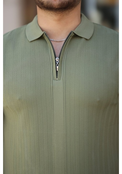 Erkek Yakası Fermuarlı Kısa Kollu T-shirt Haki