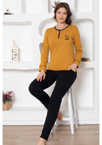 Alimer Kadın Hardal Bisiklet Yaka Uzun Kol Pijama Takım Edy2775h Hardal