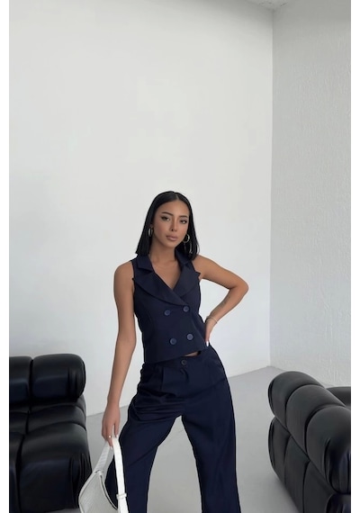 Defymoda Şal Yaka Düğmeli Yelek Lacivert