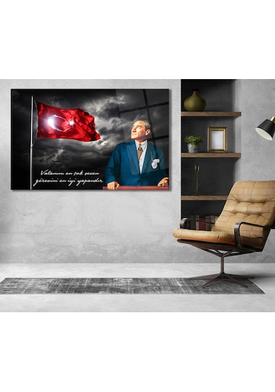 Atatürk Vatanını En Çok Seven Cam Tablo Evlika , Modern Ev İş Ofis Salon Duvar Dekoru , Hediyelik Tablo