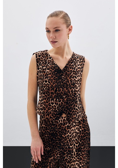 Sateen Kısa Leopar Yelek - Siyah-135502 Siyah