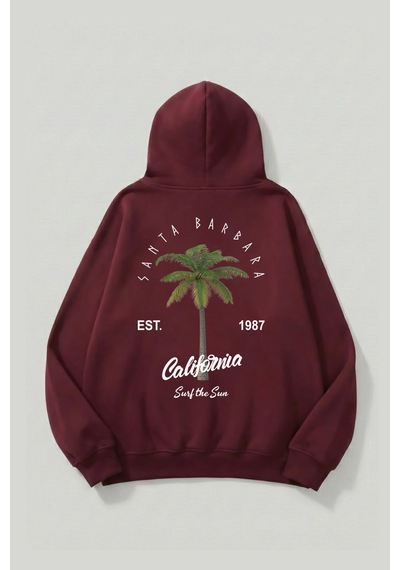 Uyguntarz Unisex Yumuşak Dokulu California Retro Baskılı Tasarım Oversize 3 İplik Hoodie Sweatshirt Bordo