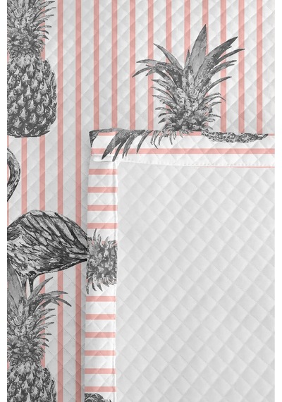 Flamingo Ananas Çizgili Pembe Genç Odası Tek Kişilik Pike Takımı-gri Tropikal Yatak Örtüsü 160x220cm Bulanık Koru Kıyımı