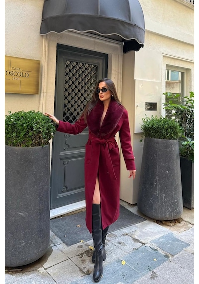 Dip Moda Kadın Kaşe Kumaş Cepli Yaka Kürklü Tam Boy Kuşaklı Kaban Dpstr1003 Bordo