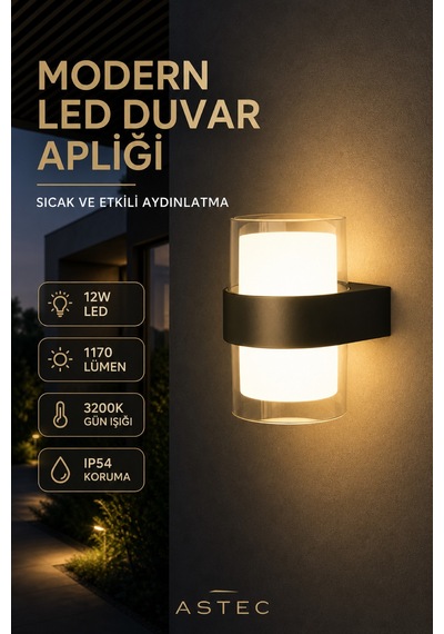 Astec Dairesel 12w Led Duvar Aplik 3200k Gün Işığı Siyah İç Dış Mekan Balkon Bahçe 220 Volt Elektrikli