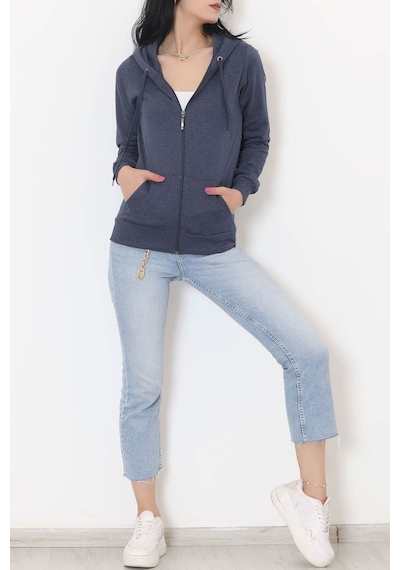 Buyers Butik - Kapşonlu Fermuarlı Sweat Koyuindigo - 11866.108. 001