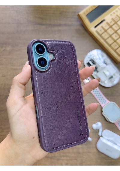 Apple iPhone 16 Uyumlu Premium Deri Dokulu Darbelere Karşı Dayanıklı Nazal Silikon Kılıf Mor