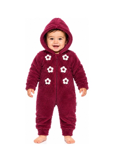 Chicsy Baby Tatlı Kız Bebek Çiçekli Welsoft Tulum 3d Papatya Detaylı Kapüşonlu Fermuarlı Peluş Kışlık Bebek Tulumu Bordo
