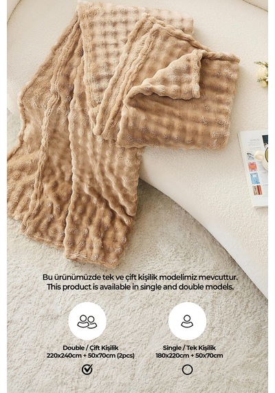Kürk Bubble Battaniye Seti Çift Kişilik Peluş Tavşan Tüyü 3 Parça Yumuşak 220x240 Cm Bej