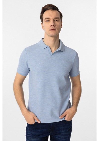 Süvari Regular Waffle Kumaş V Patlı Polo Yaka Nefes Alabilen T-shirt Buz Mavi