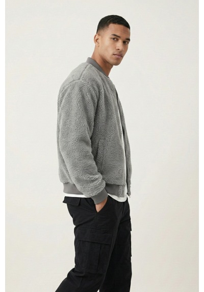 Genius Store Erkek Mont Peluş İçi Astarlı Oversize Geniş Kalıp Sherpa Kuzu Kumaş Spor Mont Gri