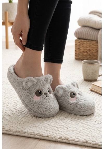 Modafrato Teddy Bear Kadın Ev Terliği Kışlık Terlik Kauçuk Ses Yapmayan Taban Gri