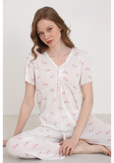 Elitol Jakarlı Viskon Bağlamalı Kadın Pijama Takımı Desenli-1