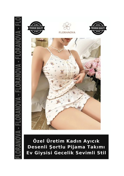 Floranova Özel Üretim Kadın Ayıcık Desenli Şortlu Pijama Takımı Ev Giysisi Gecelik Sevimli Stil
