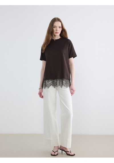 Lcw Modest Kahverengi Dantel Detaylı Soft Touch Kadın Tişört