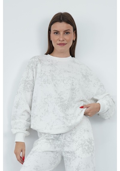 Penyebizden Valeria Kadın 3 İplik Şardonsuz Pamuk Oversize Bisiklet Yaka Sweatshirt-ekru-gri Baskılı