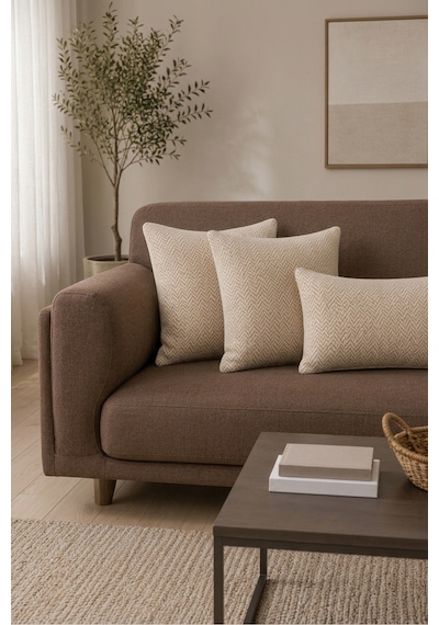 Chevron Bohem Dekoratif Punch Yastık Kırlent Kılıfı Bej 45 x 45