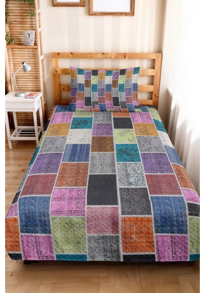 Patchwork Geometrik Renkli Tek Kişilik Dekoratif Pike Takımı-retro Mor Mozaik 160x220cm Yatak Örtüsü Kırçıllı Kireç Harmonu