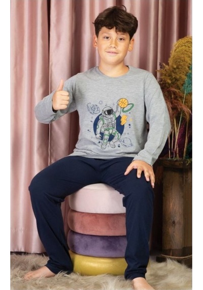 Erkek Çocuk Figürlü Uzun Kollu Pijama Takımı Gri - Lacivert