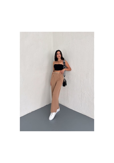 Gugus Kadın Palazzo Kemer Detaylı Bol Paça Wide Leg Pantolon Krem