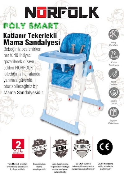 Norfolk Poly Smart Mama Sandalyesi, Portatif, Katlanır, Yükseklik Ayarlı, Tekerlekli, İçi Pedli