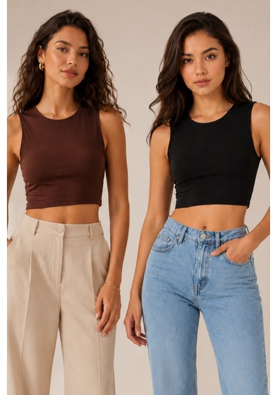 Loule Kadın 2'li Bisiklet Yaka Kolsuz Crop Top Siyah-kahverengi Çok Renkli
