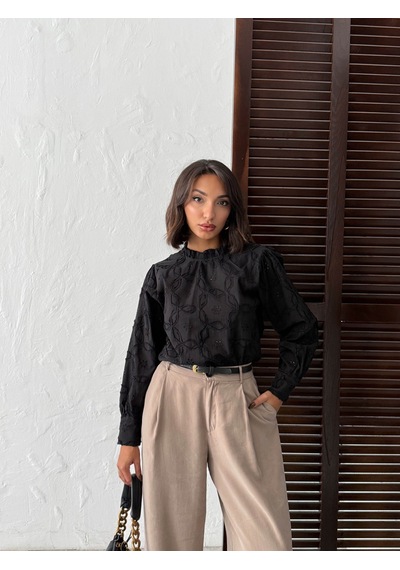 Verymoda İşlemeli Uzun Kollu Kadın Bluz - Şık Ve Modern- F1993 Siyah
