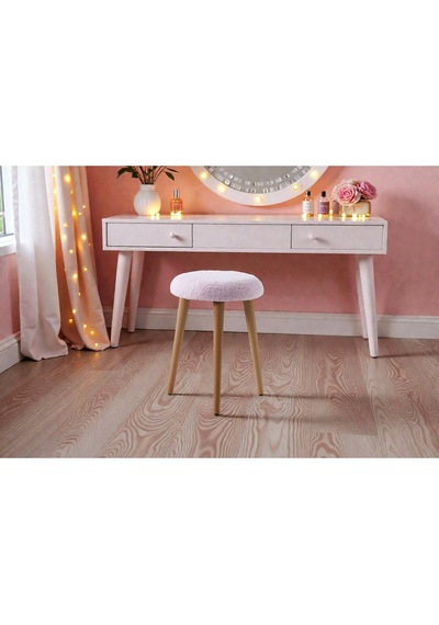 Modern Ahşap Ayaklı Teddy Kumaş Tabure Makyaj Masası & Ayak Dinlendirme Elegant Pembe Pembe