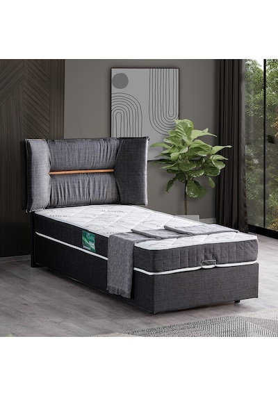 Setaymobilya Baza, Lizbon Tek Kişilik Baza + Başlık + Comfort Yatak, Antrasit