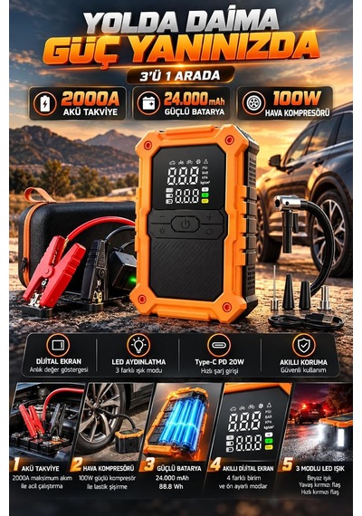 Tr Akü Takviye Hava Kompresörü 150 Psı 24000 Mah 2000 Amper Taşınabilir Araç Lastik Şişirme Pompası Powerbank L