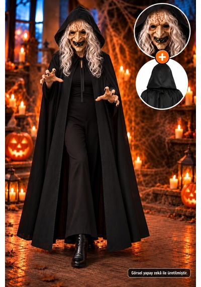 Halloween Kostüm Seti 120 Cm Siyah Pelerin Mor Yarasalı Sallanan Taç 2 Parça Çok Renkli