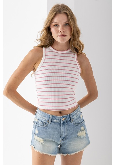 Giysa Kadın Bisiklet Yaka Kolsuz Çizgili Basic Body Pembe - 25507 Pembe
