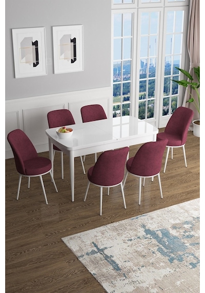 Canisa Han Serisi, Beyaz 70x114 Açılabilir Mdf Mutfak Masa Takımı, 6 Bordo Sandalye Masa Beyaz Sandalyeler Bordo Canisa Han Serisi, Beyaz 70x114 Açılabilir Mdf Mutfak Masa Takımı, 6 Bordo Sandalye Masa Beyaz Sandalyeler Bordo