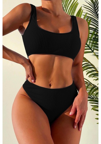 Angelsin Özel Fitilli Kumaş Tankini Bikini Üstü Siyah