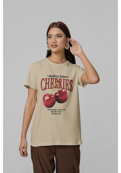 Nevermind Unisex Erkek/kadın Cherrıes Özel Baskılı Oversize Pamuklu Bisikle Bej