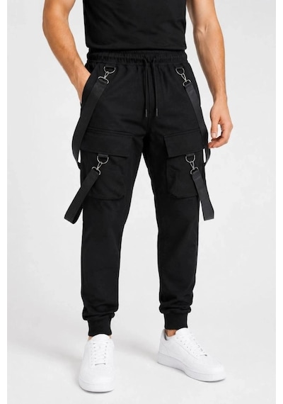 Freedom Storee Erkek Techwear Şerit Aksesuarlı Ön Kapak Cep Detaylı Jogger Eşofman Altı - Siyah Çok Renkli