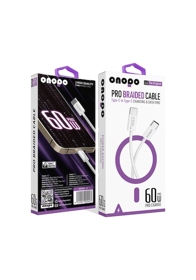 Onopo İ15 Pro 60 W Örgülü Kablo Type-C To Type-C Şarj Ve Data Kablosu