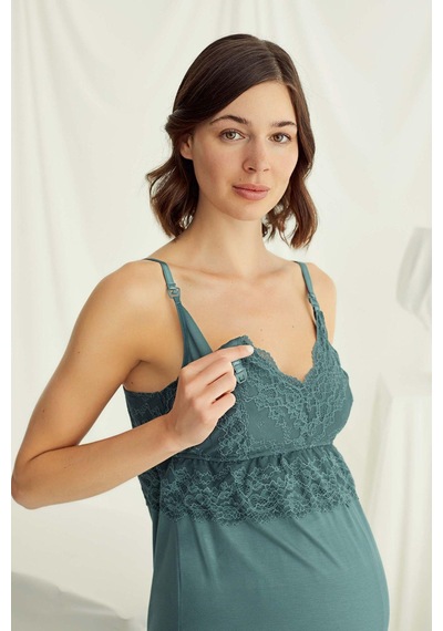 Monamise 18523 Kadın Yesıl Hamile Lohusa Sabahlıklı Emzirme Özellikli Pijama Takımı
